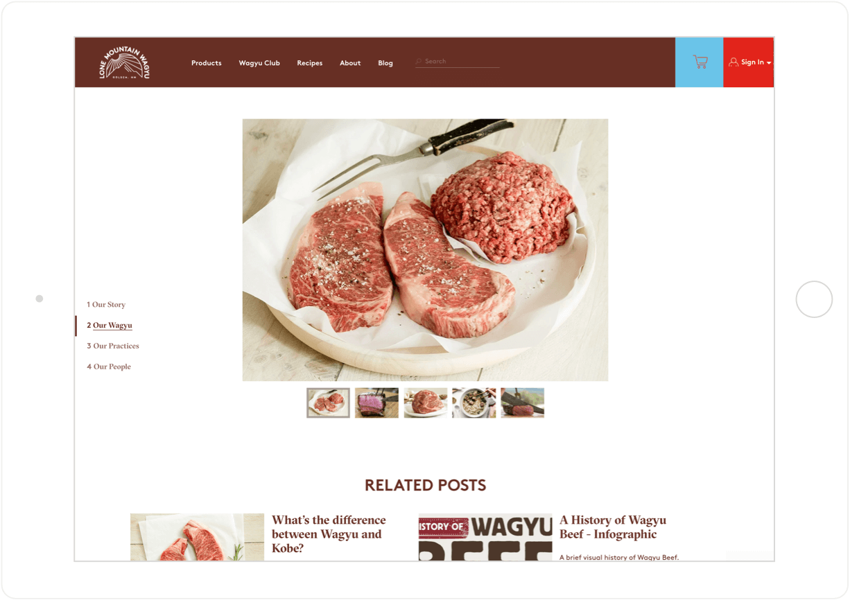 Lone Mountain Wagyu tablet secondary scrolling feature on the About page