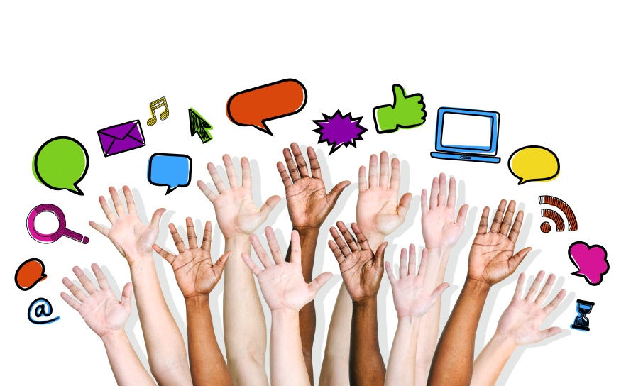 Raised hands depicting social media participation and engagement