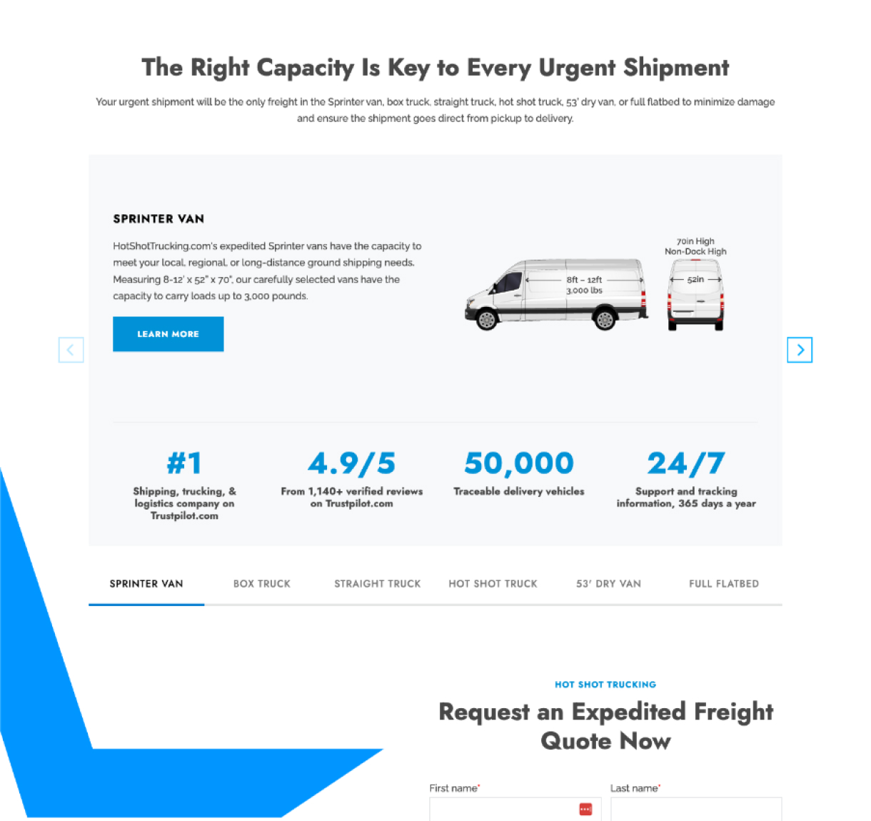 HotShotTrucking Homepage Shipping Module on Desktop