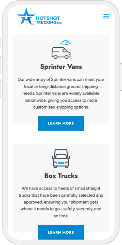 HotShotTrucking Homepage Shipping Module on Mobile