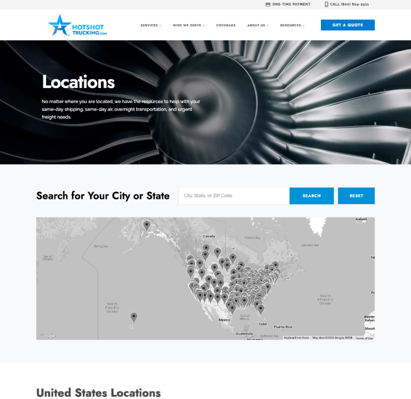 HotShotTrucking Searchable Location Page on Desktop