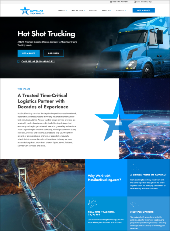 HotShotTrucking's website on desktop