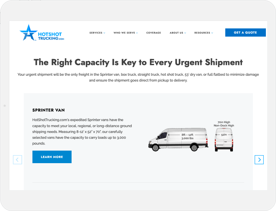 HotShotTrucking's website on a tablet