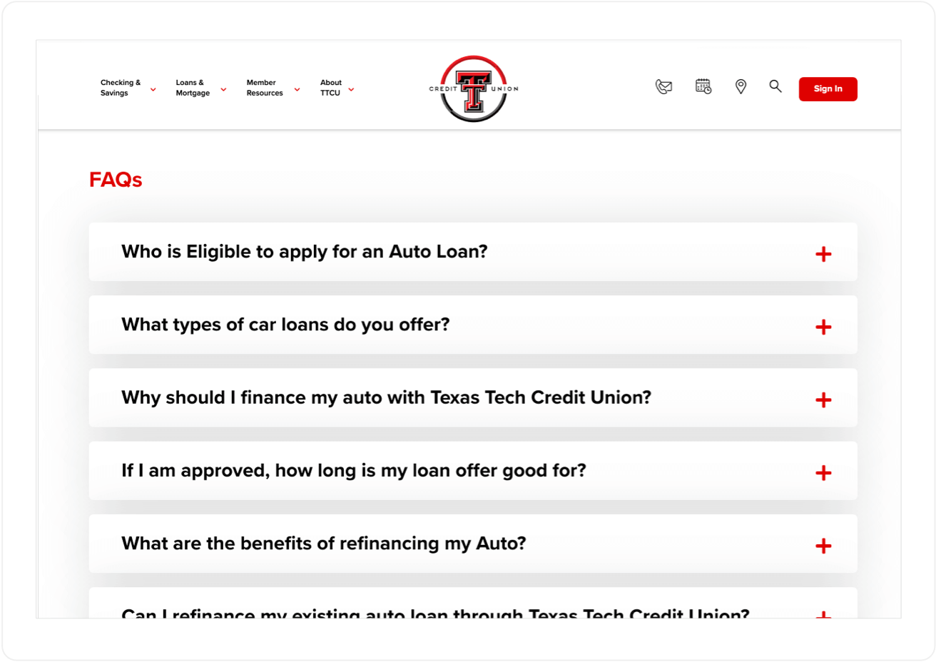 FAQ Section on Texas Tech Credit Union on Mobile