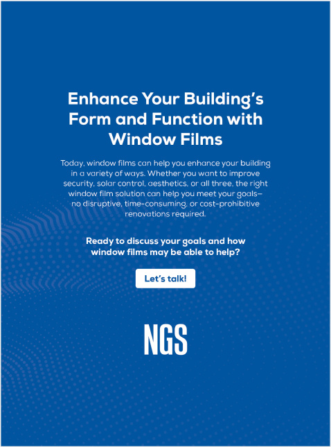 Promo graphic for NGS window film solutions highlighting building enhancement, security, solar control, and aesthetics with a call-to-action button.