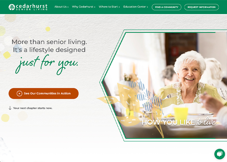 Screenshot of the new design of the Cedarhurst Senior Living website, back in December of 2021