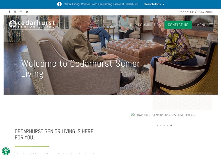 Screenshot of the old design of the Cedarhurst Senior Living website, back in December of 2021