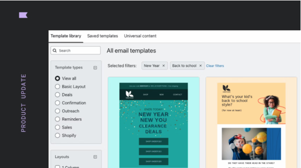 image that shows Klaviyo's New Email Template Designs, Filtering Options